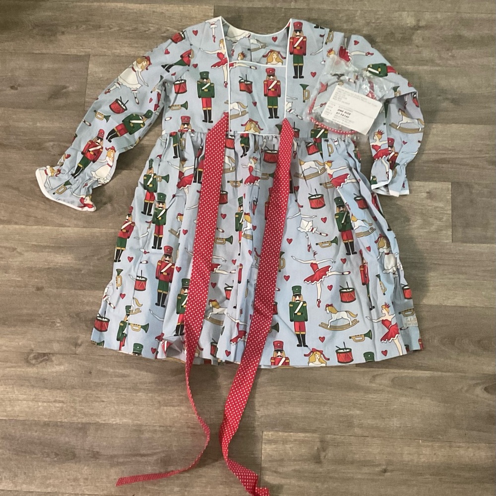 Children's Nutcracker Print Dress with Red Polka Dot Sash